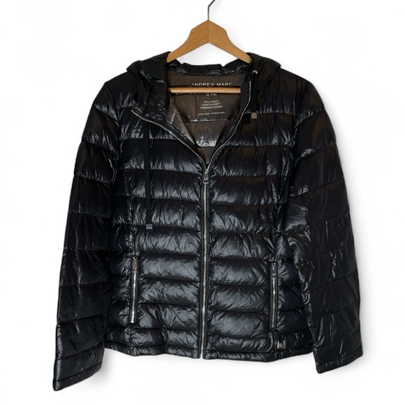 V2- Andrew Marc Women's Med Black Puffer packable lightweight premium down Coat - Picture 1 of 4